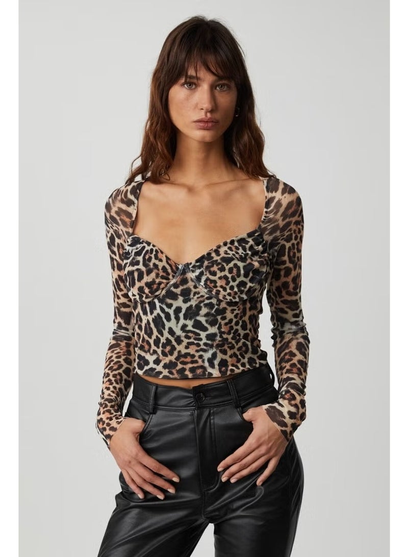 GRIMELANGE Lily Women's Tulle Mesh Double Layered Heart Neck Chest Cup Leopard Patterned Blouse - Image 3